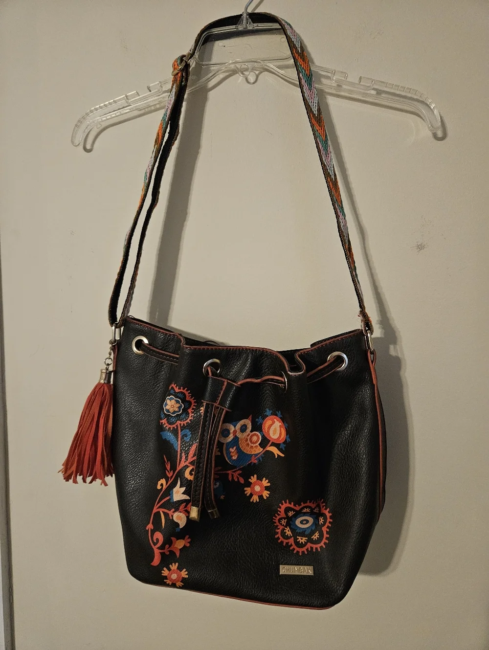 Embroidered Floral Bucket Shoulder Bag in Black and Orange